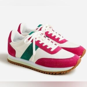 J. Crew White Pink Green Suede Accent Sneakers